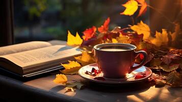 Closeup shot of a cup of coffee and autumn leaves on wooden surface. photo