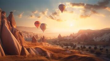 Landscape sunrise in Cappadocia with set colorful hot air balloon fly in sky. photo
