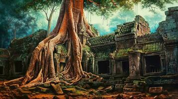verde arboles y el restos de el angkor thom histórico punto de referencia en Camboya. generativo ai foto