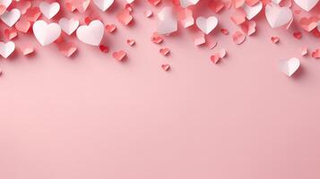 Valentines day greeting with falling hearts confetti. photo