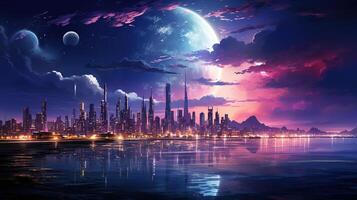 Background with night city in neon lights. photo