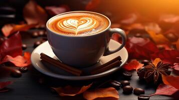 Cup of coffee with a heart of cinnamon on the table, maple leaves around. photo