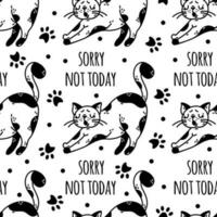 Cute lazy cat seamless vector pattern. Spotted black and white kitten yawns. Sleepy pet, nice domestic animal. Sorry, not today. Simple doodle, sketch. Background for posters, print, wallpaper, web