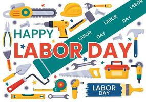 Happy Labor Day Vector Illustration with Various Construction Tools for Workers Buildings in Flat Cartoon Hand Drawn Background Templates