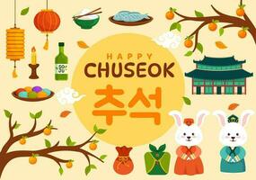 Happy Chuseok Day Vector Illustration of Korean Thanksgiving Event with Harvest Festival Celebrate on Autumn Night Background Hand Drawn Templates