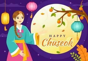 Happy Chuseok Day Vector Illustration of Korean Thanksgiving Event with Harvest Festival Celebrate on Autumn Night Background Hand Drawn Templates