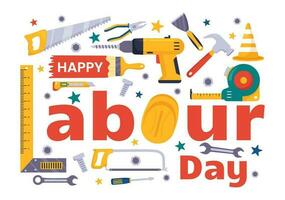 Happy Labor Day Vector Illustration with Various Construction Tools for Workers Buildings in Flat Cartoon Hand Drawn Background Templates