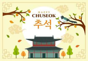 Happy Chuseok Day Vector Illustration of Korean Thanksgiving Event with Harvest Festival Celebrate on Autumn Night Background Hand Drawn Templates