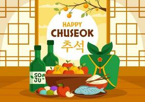 Happy Chuseok Day Vector Illustration of Korean Thanksgiving Event with Harvest Festival Celebrate on Autumn Night Background Hand Drawn Templates