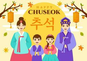 contento Chuseok día vector ilustración de coreano acción de gracias evento con niños vistiendo hanbok en otoño noche antecedentes mano dibujado modelo