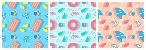 Set of Swimming Pool Seamless Pattern Vector Illustration with Summer Vacation Element in Flat Cartoon Template Hand Drawn