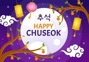 Happy Chuseok Day Vector Illustration of Korean Thanksgiving Event with Harvest Festival Celebrate on Autumn Night Background Hand Drawn Templates