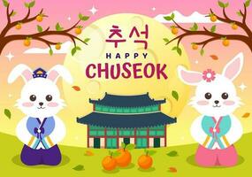 Happy Chuseok Day Vector Illustration of Korean Thanksgiving Event with Harvest Festival Celebrate on Autumn Night Background Hand Drawn Templates