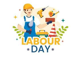 Happy Labor Day Vector Illustration with Various Construction Tools for Workers Buildings in Flat Cartoon Hand Drawn Background Templates