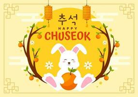 Happy Chuseok Day Vector Illustration of Korean Thanksgiving Event with Harvest Festival Celebrate on Autumn Night Background Hand Drawn Templates