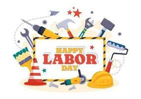 Happy Labor Day Vector Illustration with Various Construction Tools for Workers Buildings in Flat Cartoon Hand Drawn Background Templates