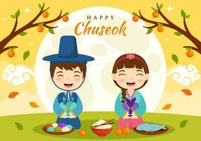 contento Chuseok día vector ilustración de coreano acción de gracias evento con niños vistiendo hanbok en otoño noche antecedentes mano dibujado modelo