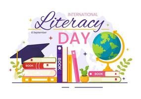 internacional literatura día vector ilustración en 8vo septiembre con libro y educativo equipo en educación fiesta dibujos animados mano dibujado plantillas
