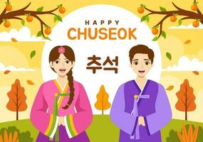 Happy Chuseok Day Vector Illustration of Korean Thanksgiving Event with Harvest Festival Celebrate on Autumn Night Background Hand Drawn Templates