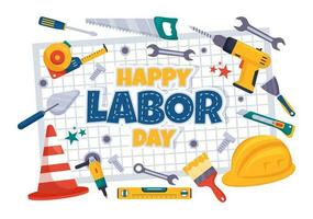 Happy Labor Day Vector Illustration with Various Construction Tools for Workers Buildings in Flat Cartoon Hand Drawn Background Templates