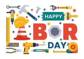 Happy Labor Day Vector Illustration with Various Construction Tools for Workers Buildings in Flat Cartoon Hand Drawn Background Templates