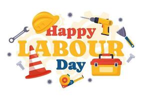 Happy Labor Day Vector Illustration with Various Construction Tools for Workers Buildings in Flat Cartoon Hand Drawn Background Templates