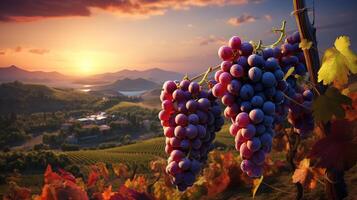 Vineyard In Fall Harvest With Ripe Grapes At Sunset. Generative Ai photo