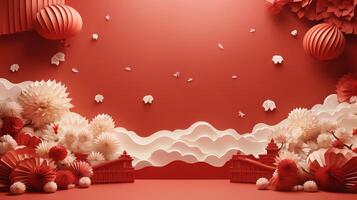 A red background with christmas balls hanging from the ceiling. photo