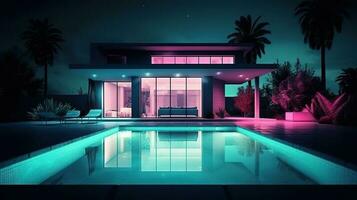 Luxury house with swimming pool illuminated at night. Generative Ai photo