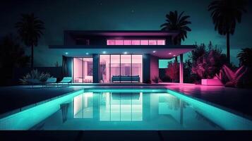 Luxury house with swimming pool illuminated at night. photo