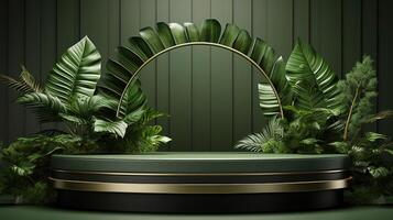 Cosmetics product advertising stand exhibition wooden podium on green background. photo