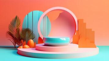 Concrete podium with tropical plant summer concept for product display. photo