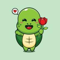 cute turtle holding rose flower cartoon vector illustration.