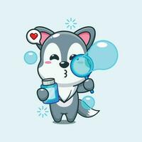 cute wolf blowing bubbles cartoon vector illustration.