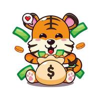 linda Tigre con dinero bolso dibujos animados vector ilustración.