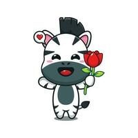 cute zebra holding rose flower cartoon vector illustration.