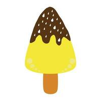 Yellow triangle ice cream drawing with brown chocolate glaze on top and sprinkle water drop shaped white topping. vector