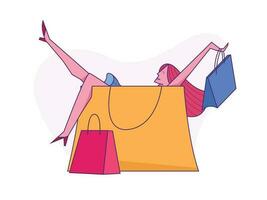 woman sitting in big Shopping bag. Fashion beautiful Lady enjoying shopping illustration vector