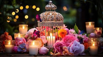 Wedding cage on table full of flowers and candles. Generative Ai photo