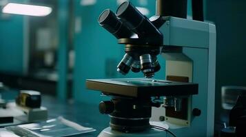 profesional microscopio en laboratorio, Ciencias equipo y médico herramientas. generativo ai foto