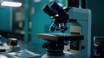 Professional microscope in laboratory, science equipment and medical tools. photo