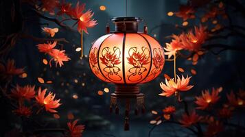 Antique lantern glowing in dark autumn night. photo