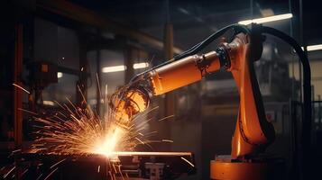 Obotic arms working at the futuristic factory ,industrial welding robots. photo