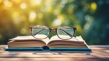 Stack of books with eyeglasses on the wooden table, free space for text. photo