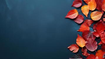 Against the background of multi-colored wooden slats are located dry fallen leaves. photo