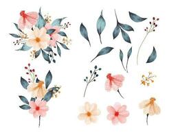 Set of watercolor flowers and leaves collection with bouquet vector