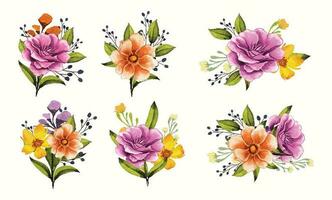 Natural floral bouquet with isolated flowers and leaves in watercolor style vector