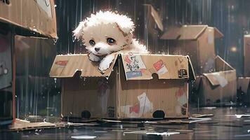 Sad abandoned lonely puppy on cardboard box in rain video