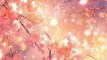 Fantasy radiant sakura cherry blossom in spring on pink background, anime style video