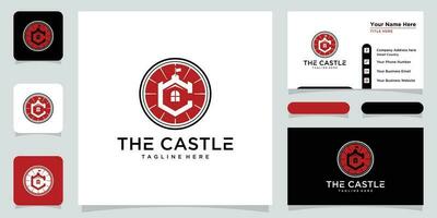 Vector illustration of castle logo design emblem, palace, fortress and business card design template Premium Vector